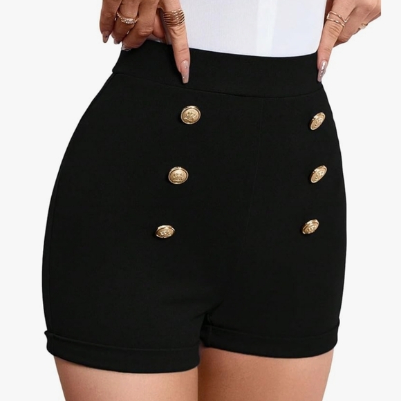 Elegant Black High-Waisted Shorts with Gold Accents - Picture 1 of 16